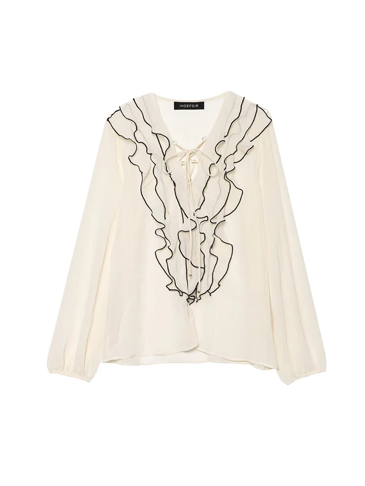 KUCLUT Women Fashion Beige Lace Up Ruffled Pleated Pullover Blouse Vintage V-Neck Long Sleeves Female Chic Lady Shirts
KUCLUT Women Fashion Beige Lace Up Ruffled Pleated Pullover Blouse Vintage V-Neck Long Sleeves Female Chic Lady Shirts
