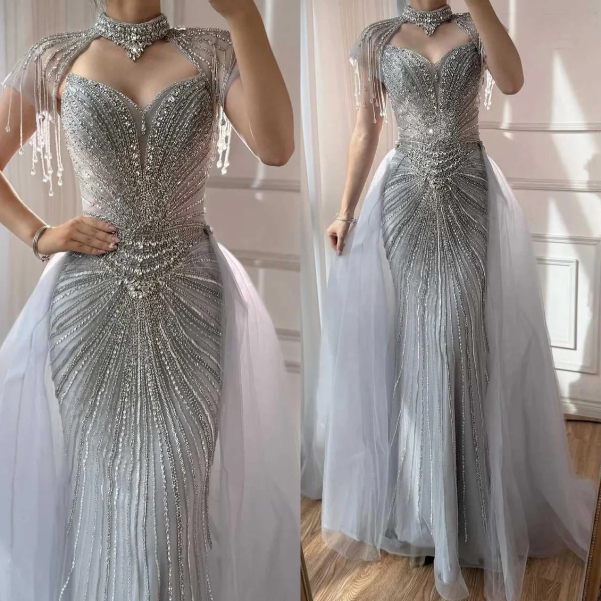 Luxurious Sleeveless Prom Dresses High Neck Detachable Train Mermaid Evening Dresses Crystals Formal Party Customized
Luxurious Sleeveless Prom Dresses High Neck Detachable Train Mermaid Evening Dresses Crystals Formal Party Customized
