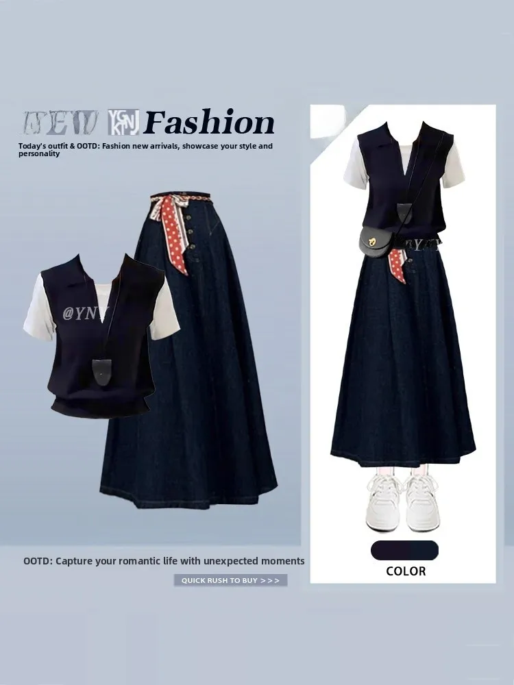 Hong Kong Style Retro Summer High Waist Slim Fit T-Shirt And Denim Skirt Two-Piece Set Women's Fashion Casual Outfit
Hong Kong Style Retro Summer High Waist Slim Fit T-Shirt And Denim Skirt Two-Piece Set Women's Fashion Casual Outfit
