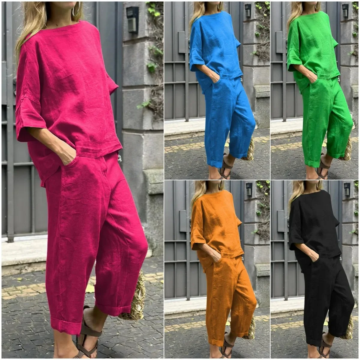 Women Loose Clothes Set Cotton Linen O Neck Half Sleeve Top Blouse Long Full Length Pants Solid Color Summer Home Wear
Women Loose Clothes Set Cotton Linen O Neck Half Sleeve Top Blouse Long Full Length Pants Solid Color Summer Home Wear