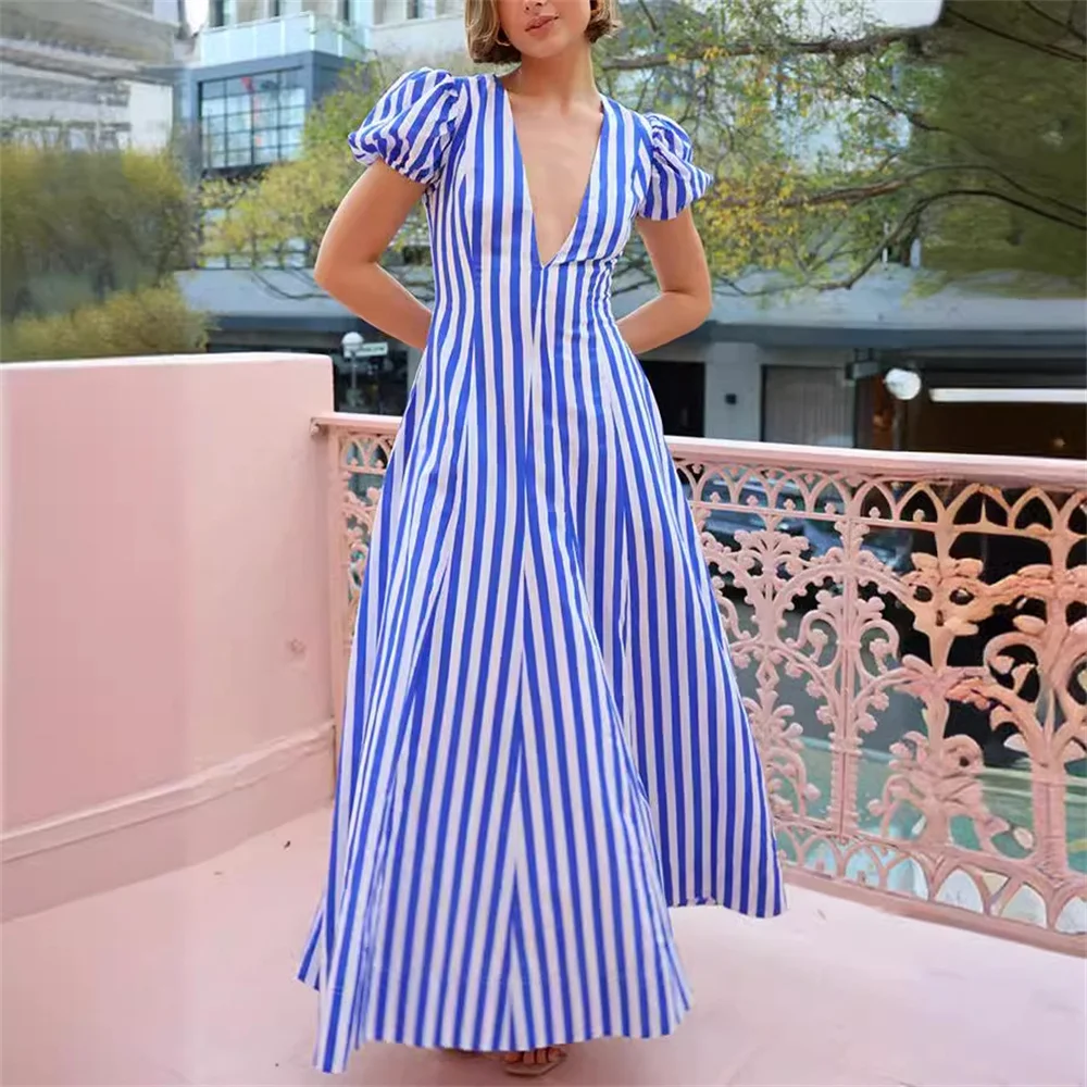 Elegant Striped Maxi Dress for Women Summer Deep V Neck Short Puff Sleeve A Line Dress Ladies Casual Holiday Beach Dresses
Elegant Striped Maxi Dress for Women Summer Deep V Neck Short Puff Sleeve A Line Dress Ladies Casual Holiday Beach Dresses