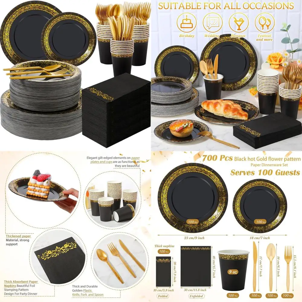 100-Guest Disposable Dinnerware Set: 200 Plates, 300 Cutlery, 100 Cups, 100 Napkins - Black & Gold
100-Guest Disposable Dinnerware Set: 200 Plates, 300 Cutlery, 100 Cups, 100 Napkins - Black & Gold