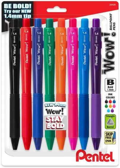 Retractable Ballpoint Pen, 1.4mm Bold Line, Assorted Ink Colors, 8 Pack
Retractable Ballpoint Pen, 1.4mm Bold Line, Assorted Ink Colors, 8 Pack