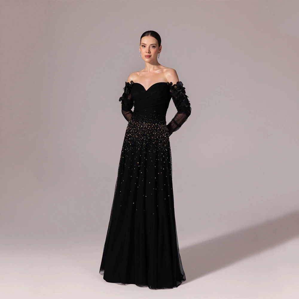 Dream Black Classic Evening Dress Tulle for Floor-Length Sweetheart Off the Shoulder Prom Dress Crystal A-line Customized
Dream Black Classic Evening Dress Tulle for Floor-Length Sweetheart Off the Shoulder Prom Dress Crystal A-line Customized