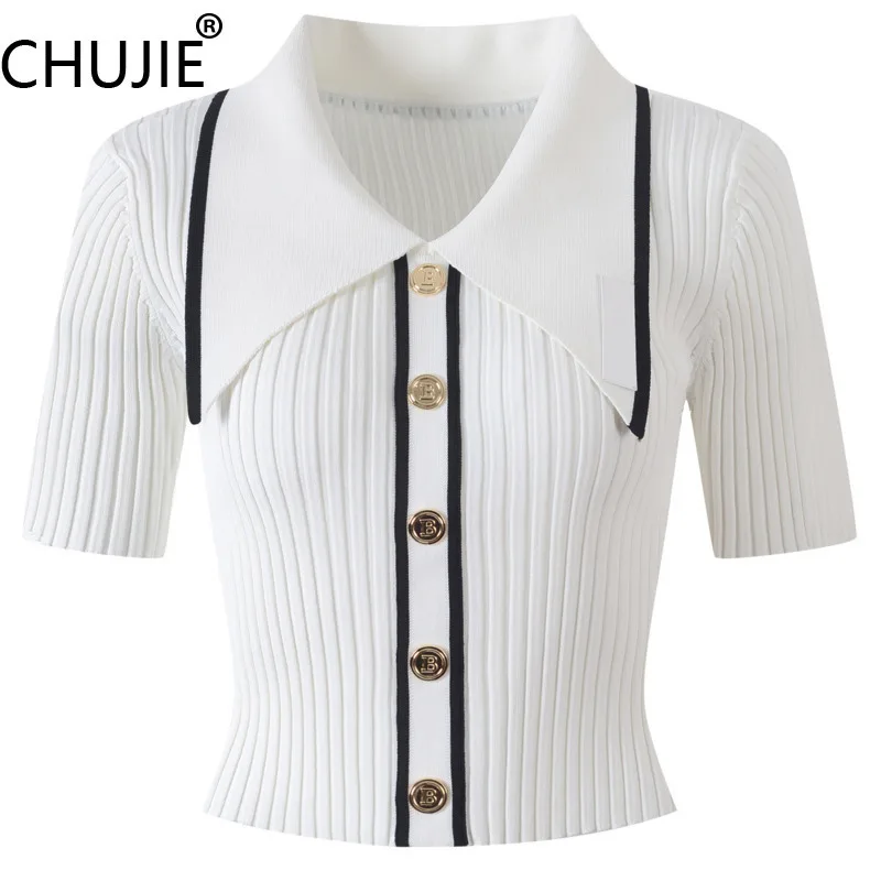 CHUJIE Women's Cardigan 2025 Summer New Multi Color Knitted Shirt French Collar Clash Border Gold Buckle Short Sleeve Top
CHUJIE Women's Cardigan 2025 Summer New Multi Color Knitted Shirt French Collar Clash Border Gold Buckle Short Sleeve Top