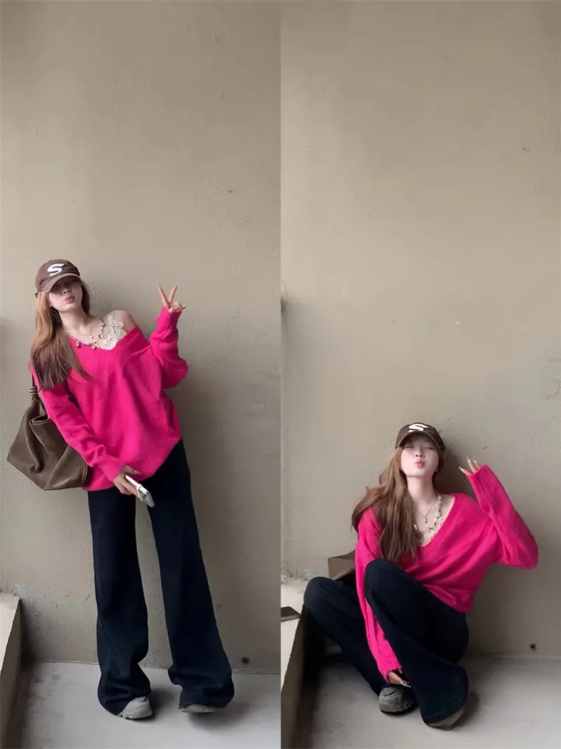 oulder Bared V-Ne Loose Knitted Sweater Women's Autumn Winter Base irt Super Beautiful Top Dragon Fruit Color Sweet Sle
oulder Bared V-Ne Loose Knitted Sweater Women's Autumn Winter Base irt Super Beautiful Top Dragon Fruit Color Sweet Sle