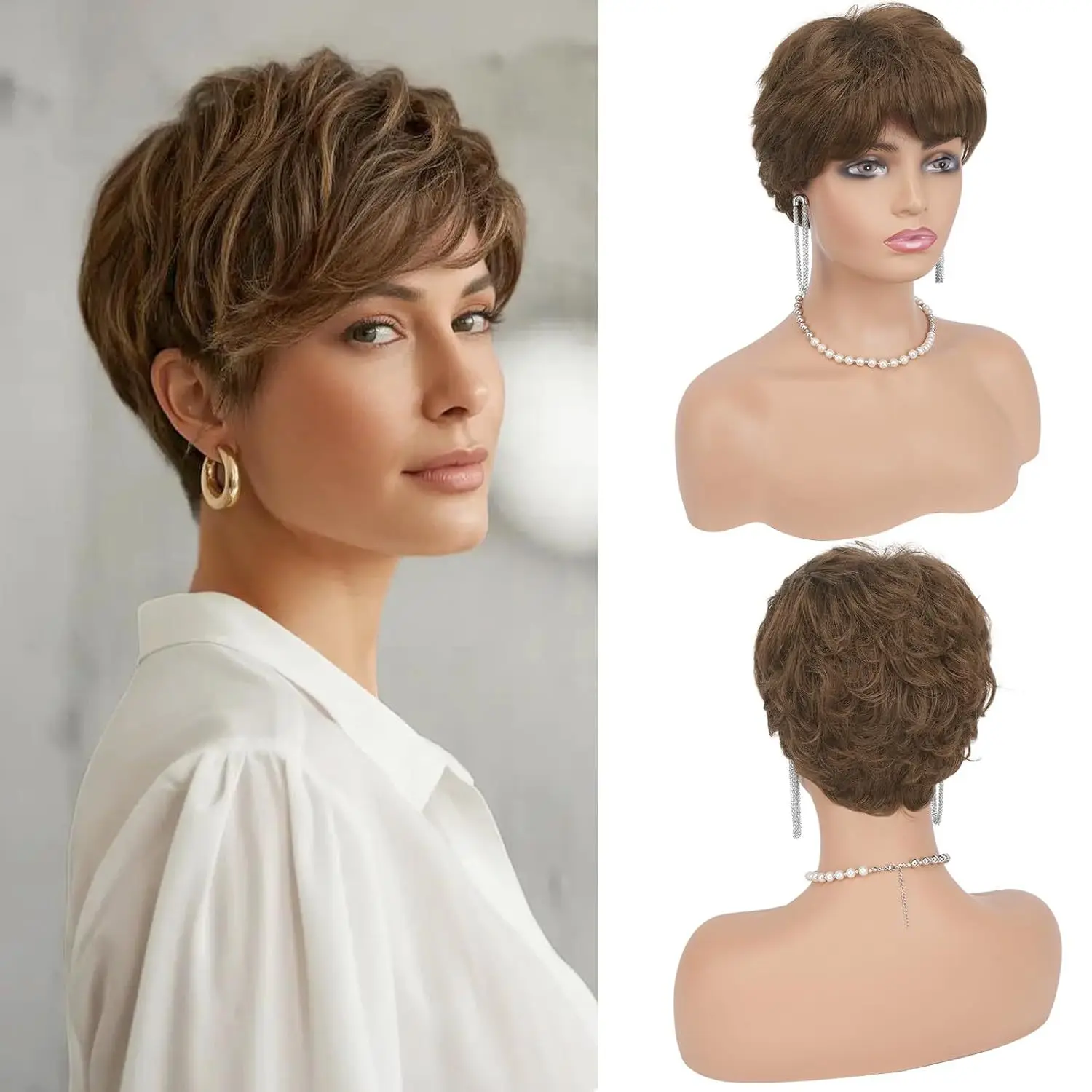 Synthetic Wig for European and American Women: Brown, Multi-layered, Short Curly Hair, Voluminous, Natural, Daily Wig Cap
Synthetic Wig for European and American Women: Brown, Multi-layered, Short Curly Hair, Voluminous, Natural, Daily Wig Cap