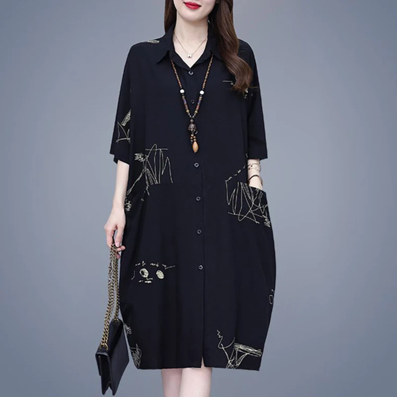 Fashion Lapel Button Loose Pockets Printed Korean Midi Dress Women's Clothing Summer New Asymmetrical Casual Dresses
Fashion Lapel Button Loose Pockets Printed Korean Midi Dress Women's Clothing Summer New Asymmetrical Casual Dresses