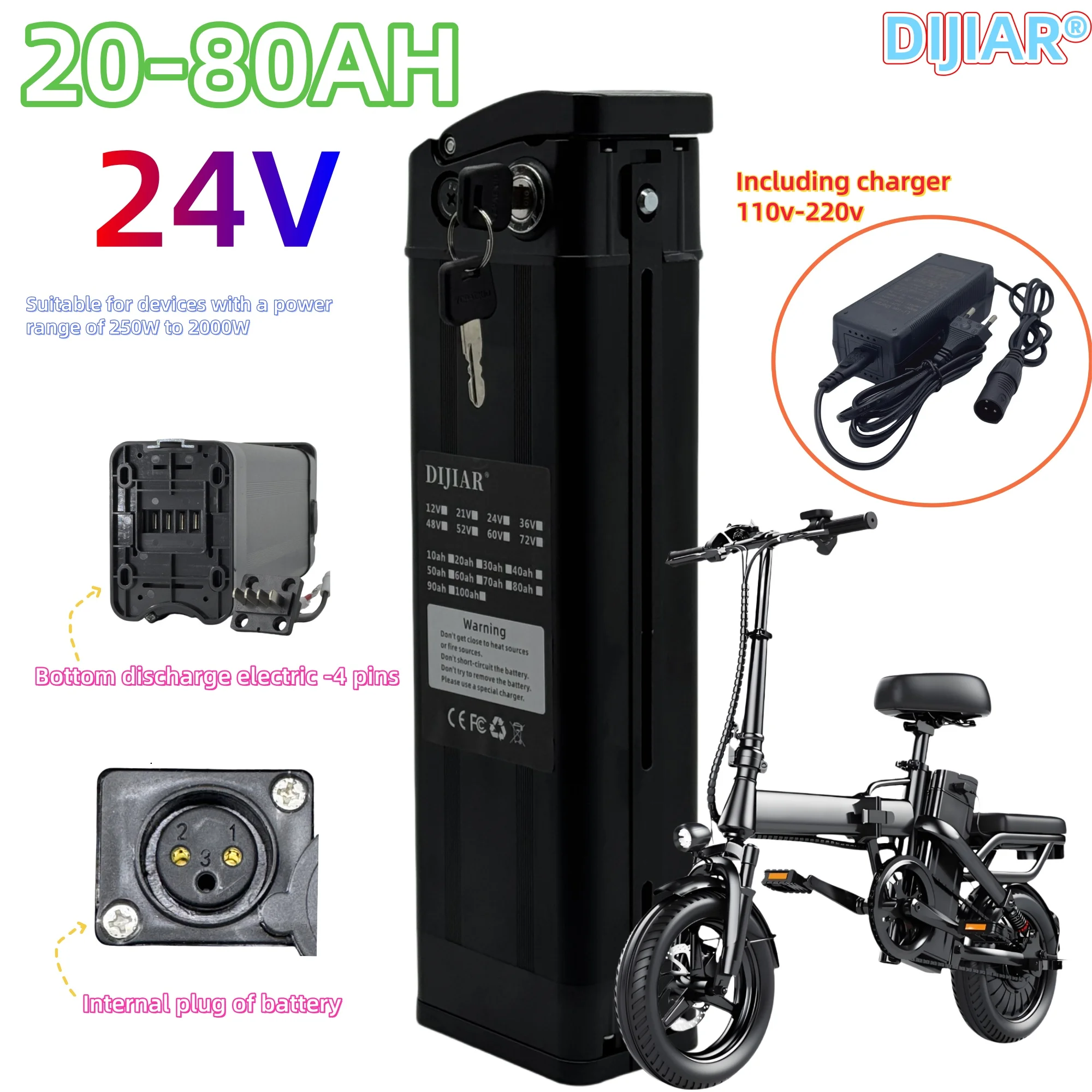 24V scooter, electric scooter lithium battery, bottom discharge 4-pin, 20AH-80AH, BMS25AH, suitable for 500W-2000W+ charger
24V scooter, electric scooter lithium battery, bottom discharge 4-pin, 20AH-80AH, BMS25AH, suitable for 500W-2000W+ charger