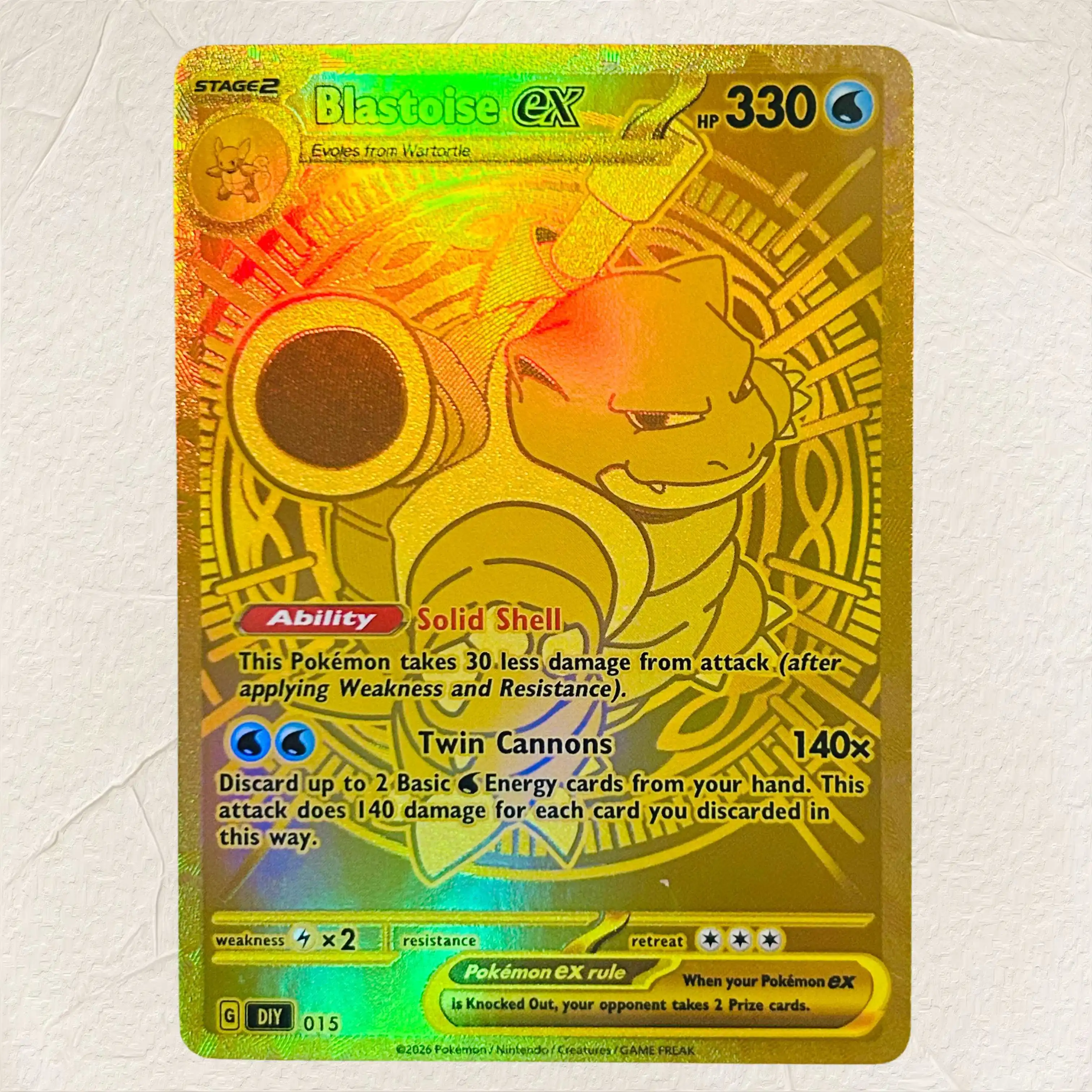DIY Pokemon Blastoise ex 015 Gold Foil Holographic Texture Cards English Version Perfect Condition Classic Anime Collectible TCG
DIY Pokemon Blastoise ex 015 Gold Foil Holographic Texture Cards English Version Perfect Condition Classic Anime Collectible TCG