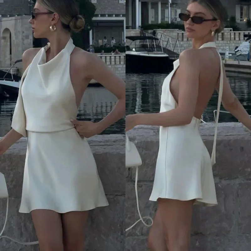 Elegant Halter Satin Mini Dress For Women Summer 2025 Sexy Backless Sleeveless High Waist Lace-Up Solid Color Holiday Outfit New
Elegant Halter Satin Mini Dress For Women Summer 2025 Sexy Backless Sleeveless High Waist Lace-Up Solid Color Holiday Outfit New