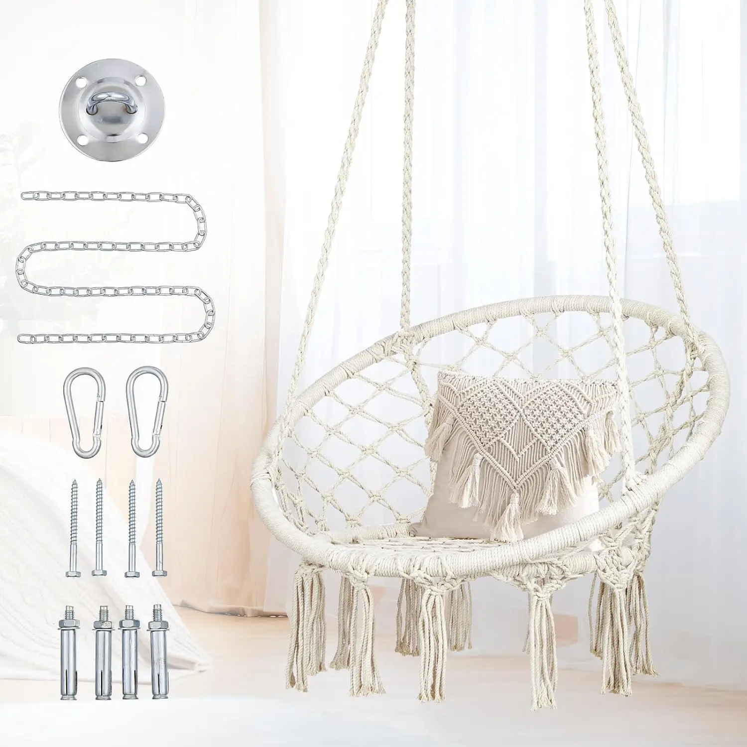 Macrame Hammo Chair Swing With Hardware Kits, Handmade Knitted Hanging Chair For Bedroom,Indoor,Outdoor, Balcony, Yard, Porch-
Macrame Hammo Chair Swing With Hardware Kits, Handmade Knitted Hanging Chair For Bedroom,Indoor,Outdoor, Balcony, Yard, Porch-