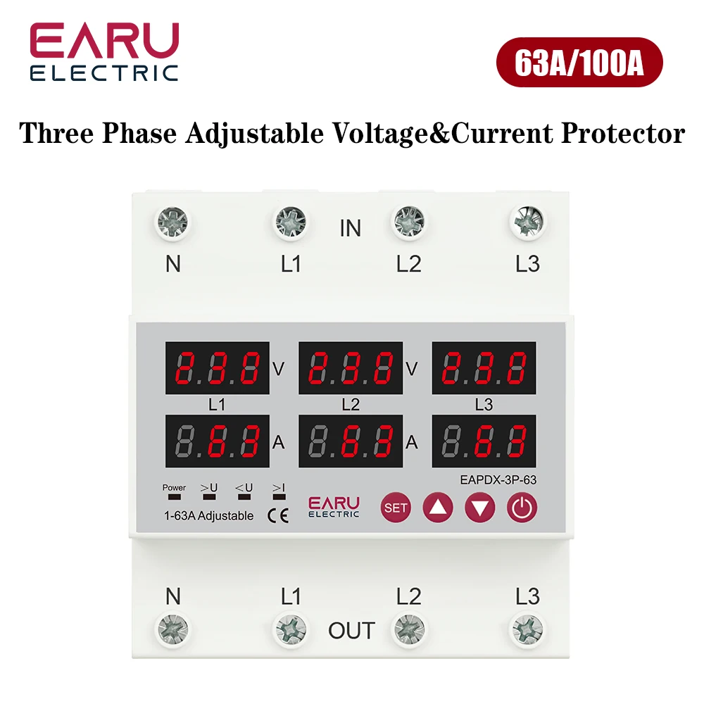 Three Phase Adjustable Over and Under Voltage Protector Relay With Current Protection 63A 100A with Automatic Reset Function
Three Phase Adjustable Over and Under Voltage Protector Relay With Current Protection 63A 100A with Automatic Reset Function