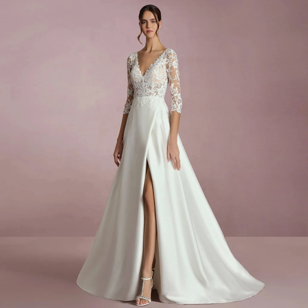Fashion V Neck Wedding Dresses A Line Bridal Grown Three Quarter Sleeves Customized Applique Lace Open Back Vestidos De Novia
Fashion V Neck Wedding Dresses A Line Bridal Grown Three Quarter Sleeves Customized Applique Lace Open Back Vestidos De Novia