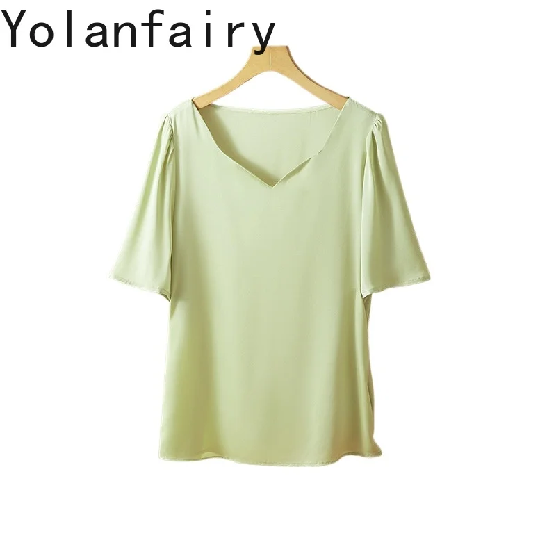 YOLANFAIRY 93% Mulberry Silk T Shirt Woman Summer Short Sleeve Top Lotus Leaf Collar Loose Summer T-shirt Green Tee Shirt Femme
YOLANFAIRY 93% Mulberry Silk T Shirt Woman Summer Short Sleeve Top Lotus Leaf Collar Loose Summer T-shirt Green Tee Shirt Femme