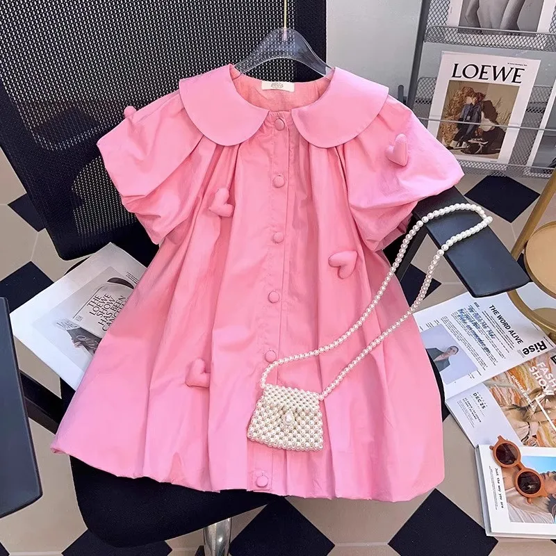 Girls' Dress Summer Little Girls' Elegant Doll Collar Shirt Skirt Middle Big Children's Love Short Sleeve Princess Dress
Girls' Dress Summer Little Girls' Elegant Doll Collar Shirt Skirt Middle Big Children's Love Short Sleeve Princess Dress