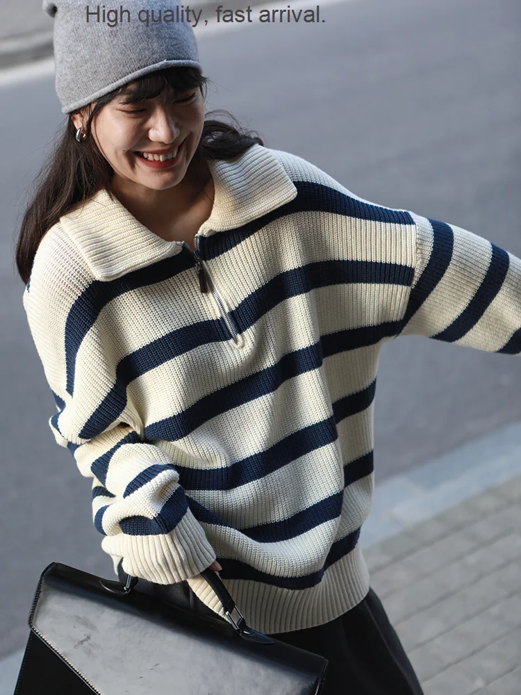 Collar Retro Polo Navy Striped Sweater Lazy and Loose Knitted Korean Style Sweater Autumn and Winter
Collar Retro Polo Navy Striped Sweater Lazy and Loose Knitted Korean Style Sweater Autumn and Winter