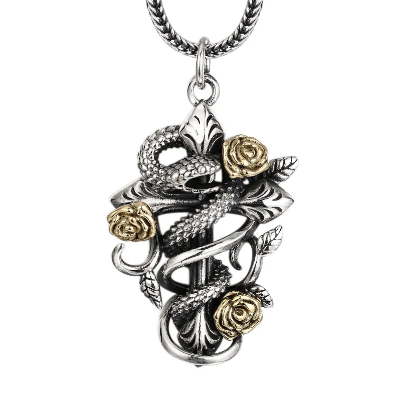 925 Sterling Silver Vintage Cross Pendant - Entwined Snake and Rose Design Thai Silver Antique Finish Gothic Jewelry Free Ship
925 Sterling Silver Vintage Cross Pendant - Entwined Snake and Rose Design Thai Silver Antique Finish Gothic Jewelry Free Ship