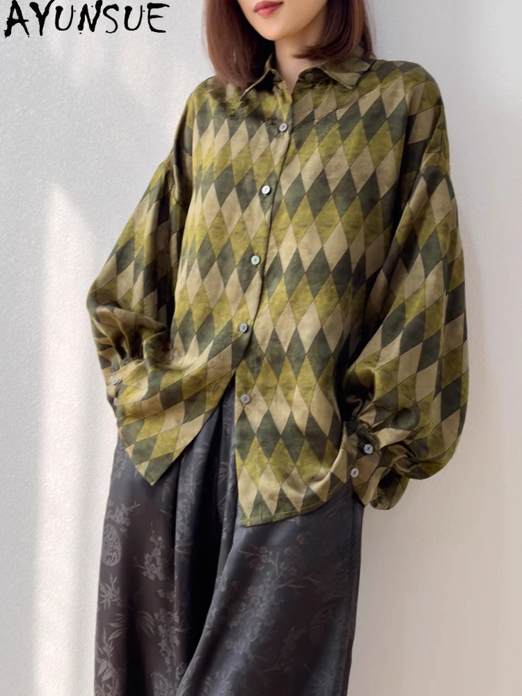AYUNSUE 100% Mulberry Silk Blouse Woman Lantern Sleeve Loose Shirts Woman Clothes High Quality Tops for Woman Spring Top Femme 
AYUNSUE 100% Mulberry Silk Blouse Woman Lantern Sleeve Loose Shirts Woman Clothes High Quality Tops for Woman Spring Top Femme
