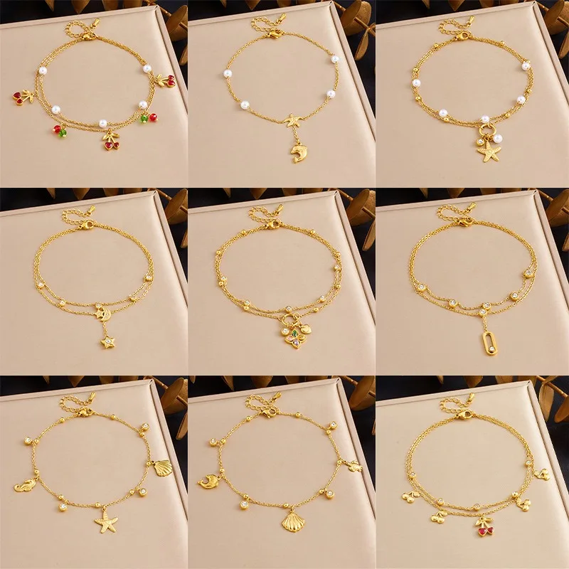 Stainless Steel Color Zircon Double-Layer Anklets For Women Cherry Starfish Flower Moon Star Waterproof Foot Chains Jewelry Gift
Stainless Steel Color Zircon Double-Layer Anklets For Women Cherry Starfish Flower Moon Star Waterproof Foot Chains Jewelry Gift