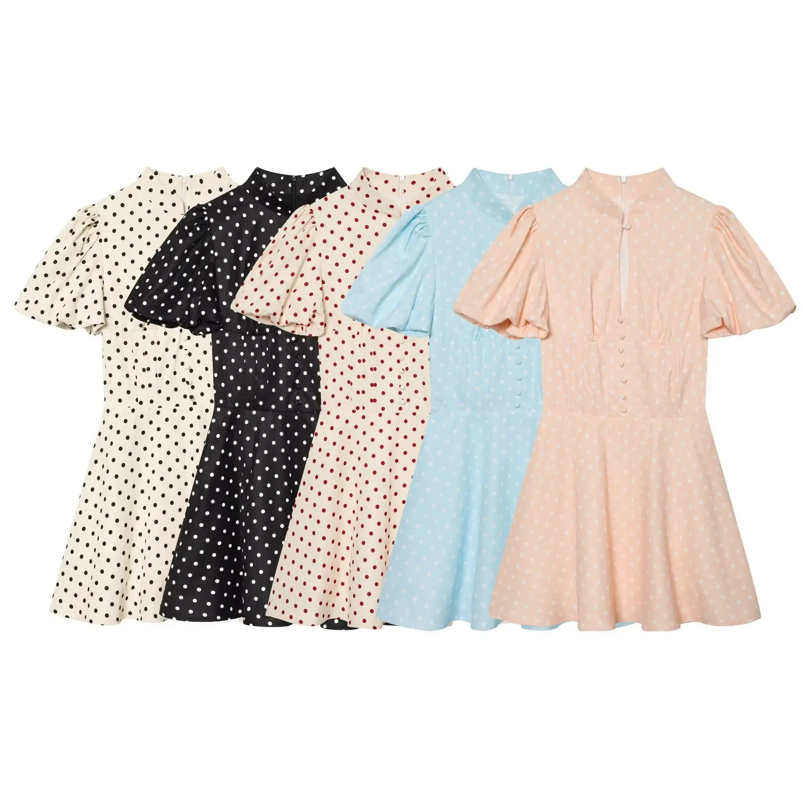 Women Polka Dot Puff Sleeve Mini Dress Stand Collar Button Front A-Line Slim Dresses Summer
Women Polka Dot Puff Sleeve Mini Dress Stand Collar Button Front A-Line Slim Dresses Summer