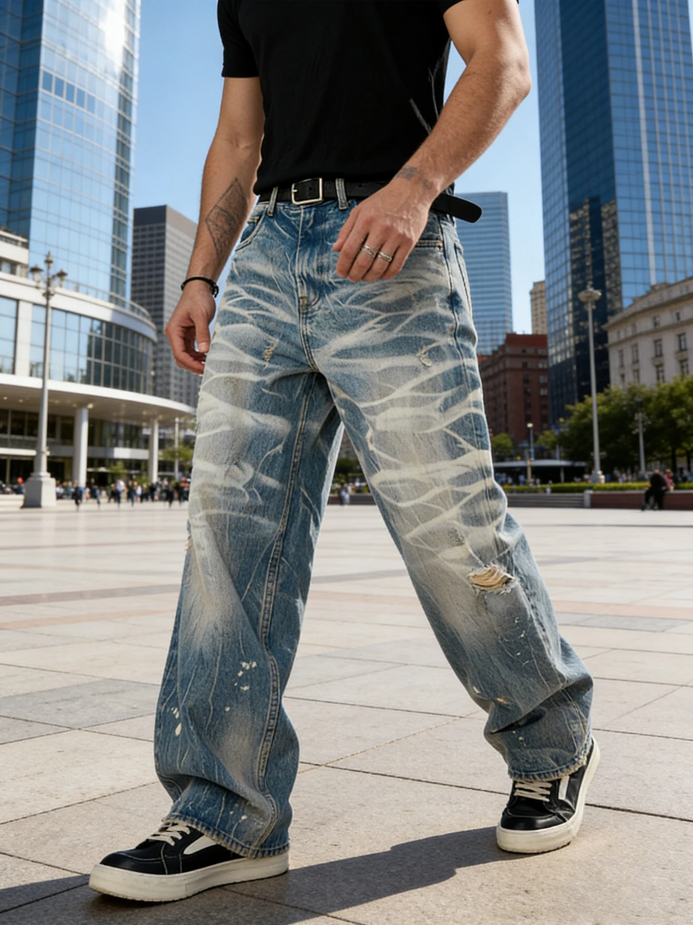 New men's tie-dye ripple splatter large ripped wide-leg jeans, vintage washed craftsmanship, loose draping long pants
New men's tie-dye ripple splatter large ripped wide-leg jeans, vintage washed craftsmanship, loose draping long pants