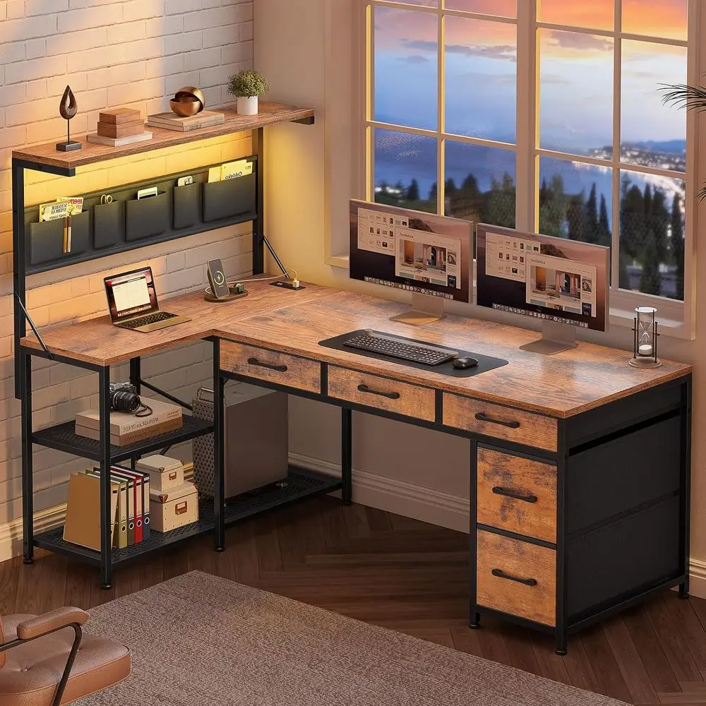Reversible L-Shaped Desk with 5 Drawers, Storage Shelves, LED Lights, and Power Outlets in Rustic Brown
Reversible L-Shaped Desk with 5 Drawers, Storage Shelves, LED Lights, and Power Outlets in Rustic Brown