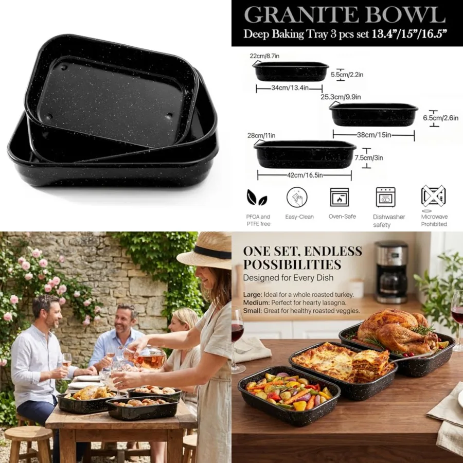 3-Pack Turkey Roasting Pans for Ovens Cake Roaster Pan Set Deep Lasagna Baking Pan, Spotted Enamel Steel Vessel Used for Dinner
3-Pack Turkey Roasting Pans for Ovens Cake Roaster Pan Set Deep Lasagna Baking Pan, Spotted Enamel Steel Vessel Used for Dinner