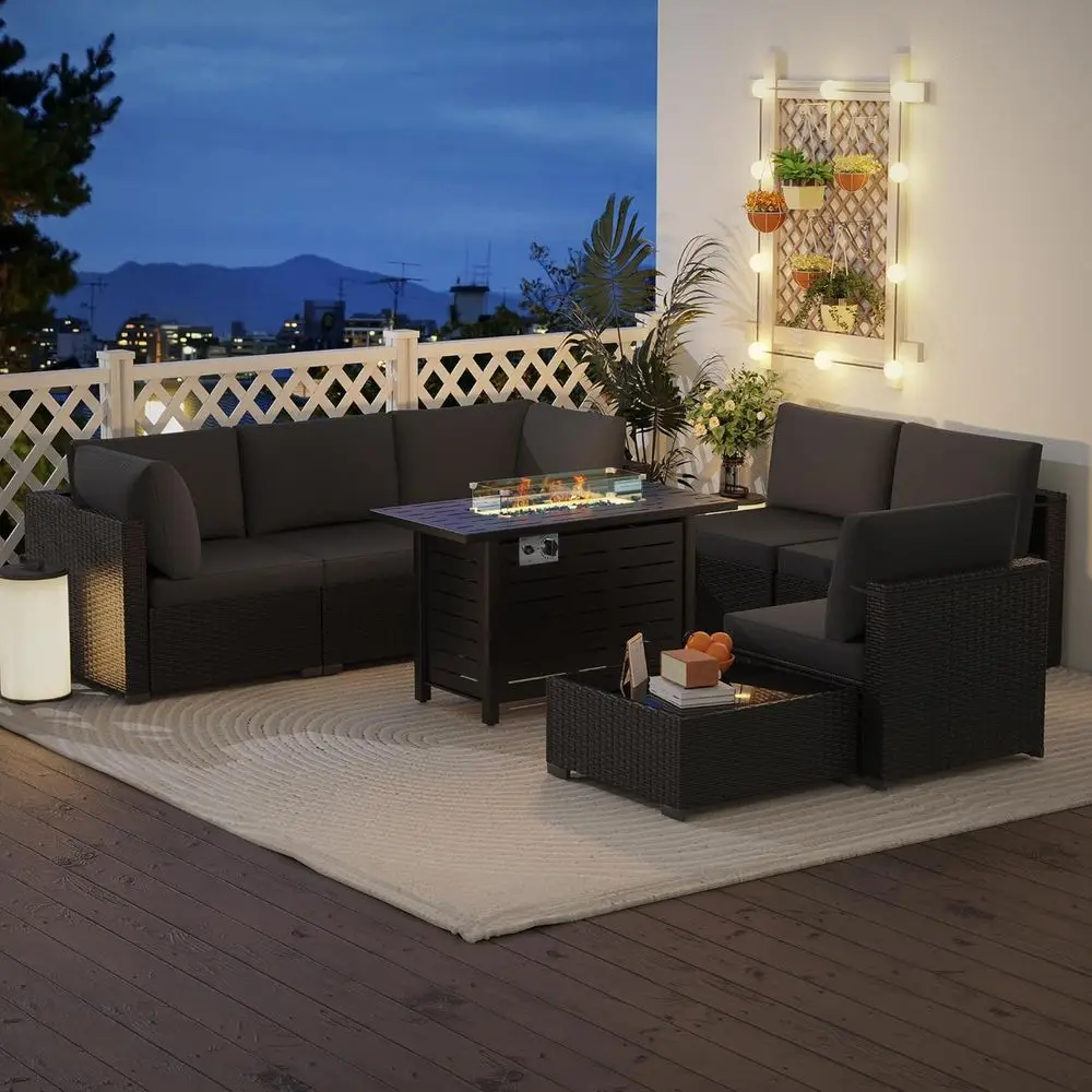 8-Piece Outdoor Furniture Set with 43in Gas Fire Pit and Coffee Table, PE Rattan Patio Conversation Sofa Set, Black/Black
8-Piece Outdoor Furniture Set with 43in Gas Fire Pit and Coffee Table, PE Rattan Patio Conversation Sofa Set, Black/Black