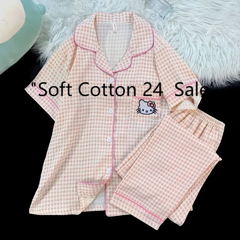 Pink Hello Kitty plaid pajamas for women, summer sweet short-sleeved shorts and trousers three-piece set, Sanrio loungewear
Pink Hello Kitty plaid pajamas for women, summer sweet short-sleeved shorts and trousers three-piece set, Sanrio loungewear