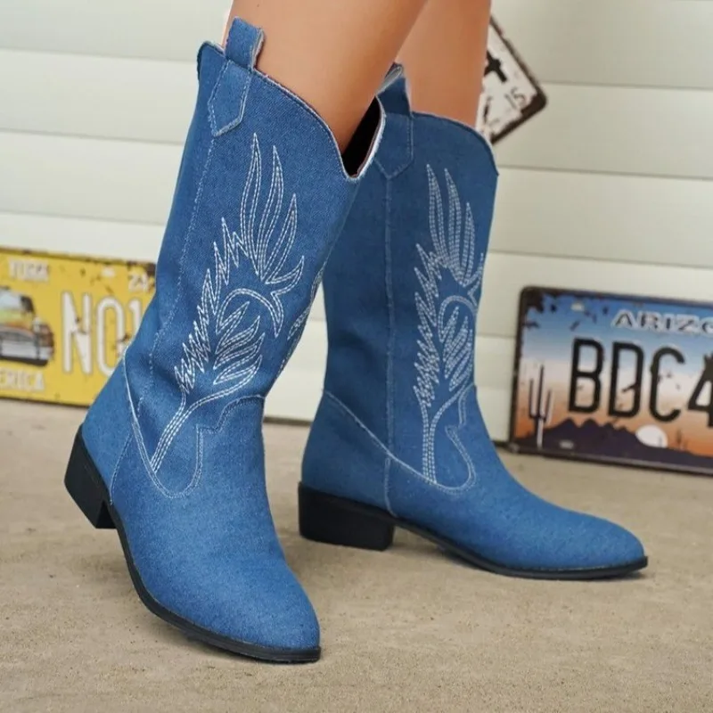 Quality Denim Embroidery Western Cowboy Boots Women's Pointed Toe Low Block Heel Pull on Vintage Mid-Calf Cowgirl Casual Shoes
Quality Denim Embroidery Western Cowboy Boots Women's Pointed Toe Low Block Heel Pull on Vintage Mid-Calf Cowgirl Casual Shoes