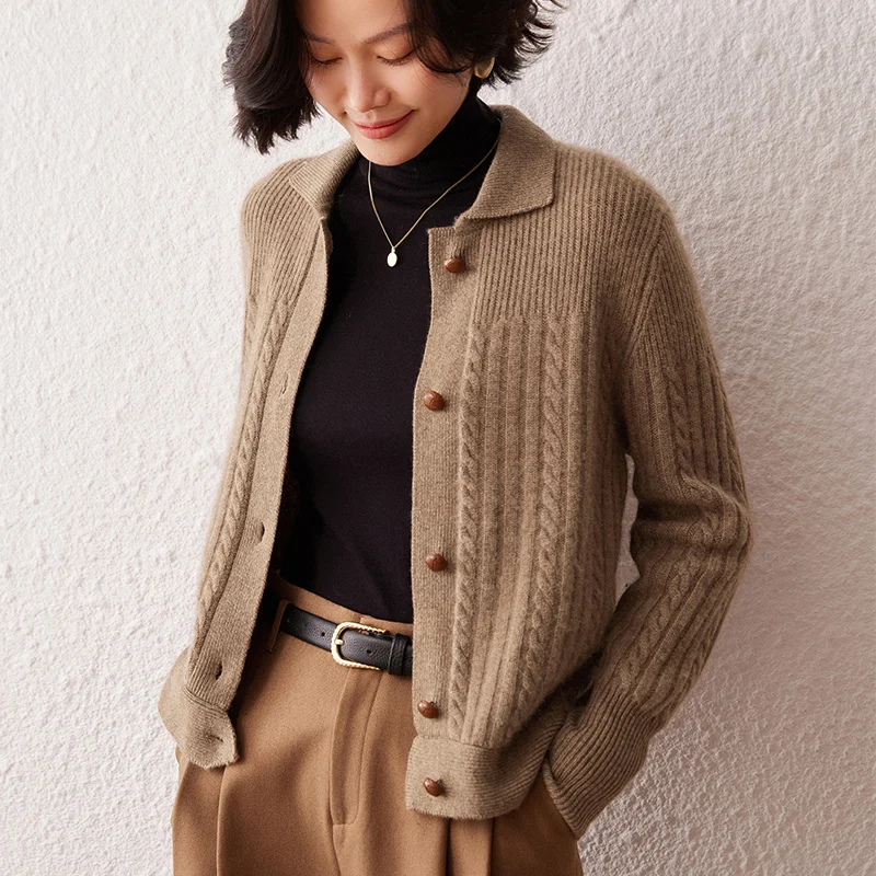 Women's 100% Cashmere Cardigan Long Sleeve Polo Collar Lazy Style Top Loose Twist Knit Sweater Coat for Autumn Winter
Women's 100% Cashmere Cardigan Long Sleeve Polo Collar Lazy Style Top Loose Twist Knit Sweater Coat for Autumn Winter