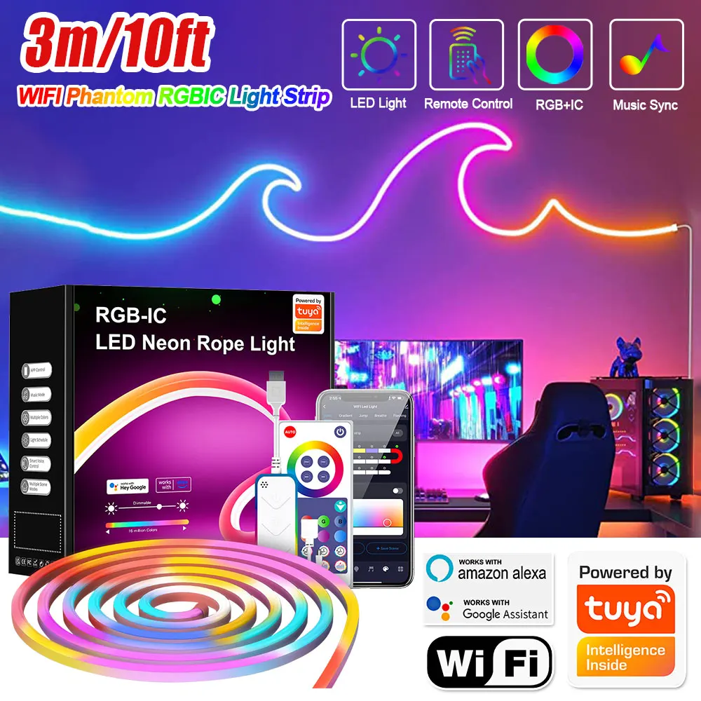 Tuya RGBIC LED Strip Light Music Sync Flexible Neon Rope Lights WiFi/Bluetooth/Remote/APP Control TV Backlight Gaming Room Decor
Tuya RGBIC LED Strip Light Music Sync Flexible Neon Rope Lights WiFi/Bluetooth/Remote/APP Control TV Backlight Gaming Room Decor