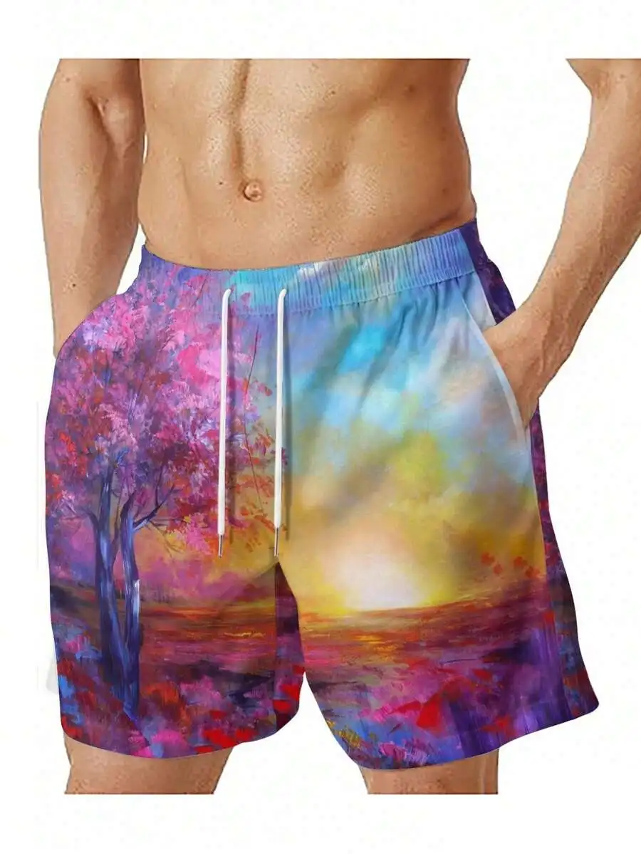 Mens Summer Beach Shorts Featuring Abstract Pink Tree And Vibrant Sunset Art Print On Woven Fabric
Mens Summer Beach Shorts Featuring Abstract Pink Tree And Vibrant Sunset Art Print On Woven Fabric