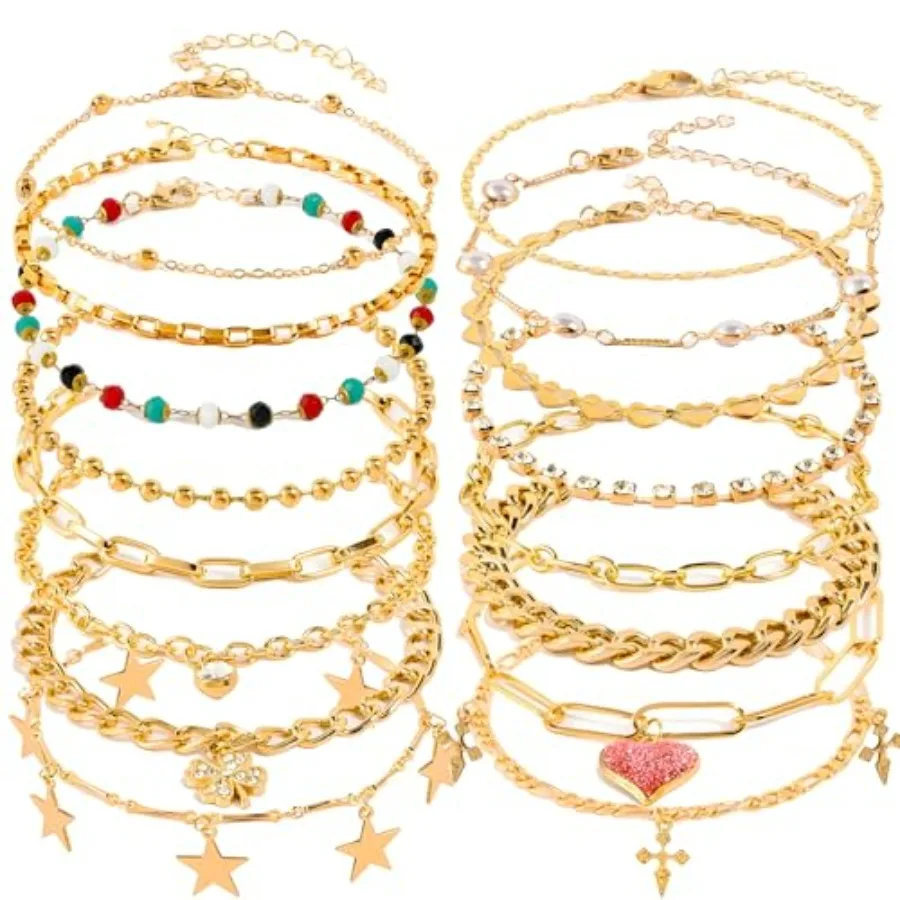 16 Pcs Gold/ Anklet Bracelets for Women Cuban chain Heart-shaped Beads Layered Adjustable Size Beach Daily Party
16 Pcs Gold/ Anklet Bracelets for Women Cuban chain Heart-shaped Beads Layered Adjustable Size Beach Daily Party