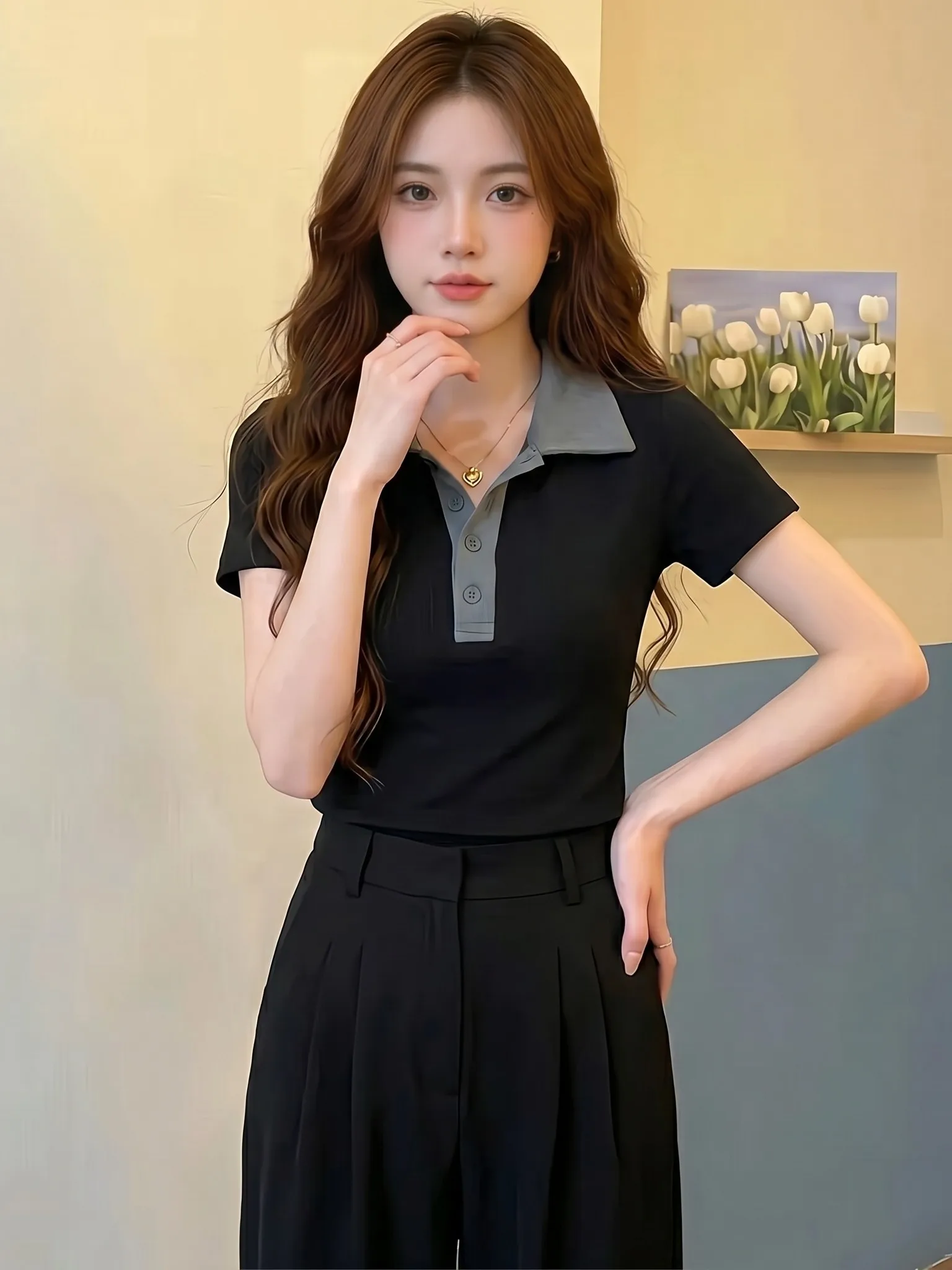 Fashionable Short Sleeve T-Shirt Women's Slim Fit High Waist Color Block Top Commute Style Korean Version Standard Size
Fashionable Short Sleeve T-Shirt Women's Slim Fit High Waist Color Block Top Commute Style Korean Version Standard Size