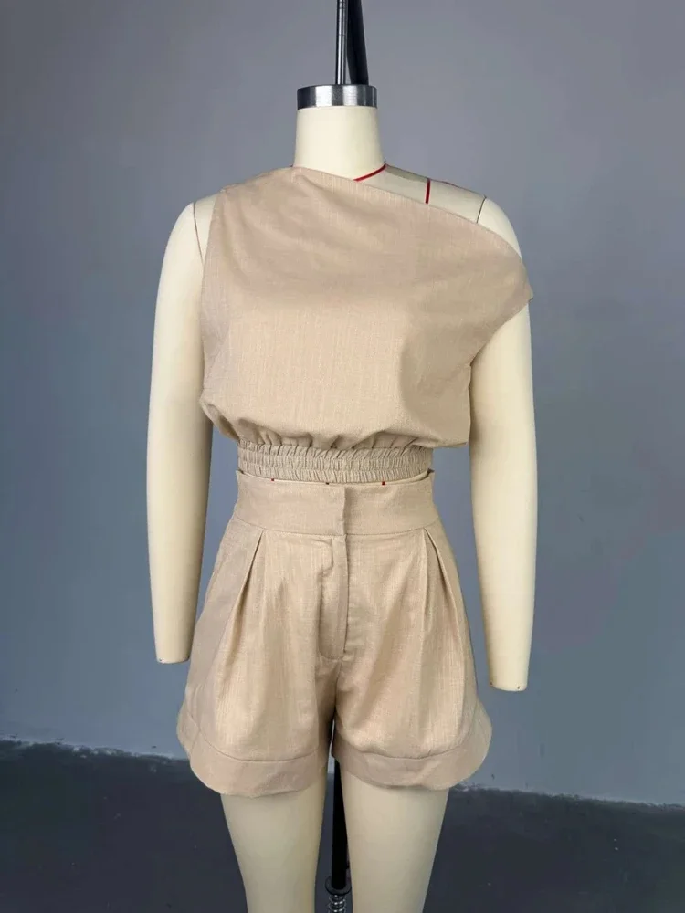 Solid Minimalist Two Piece Sets For Women Diagonal Collar Sleeveless Tops High Waist Folds Shorts Chic Set Female Fashion
Solid Minimalist Two Piece Sets For Women Diagonal Collar Sleeveless Tops High Waist Folds Shorts Chic Set Female Fashion