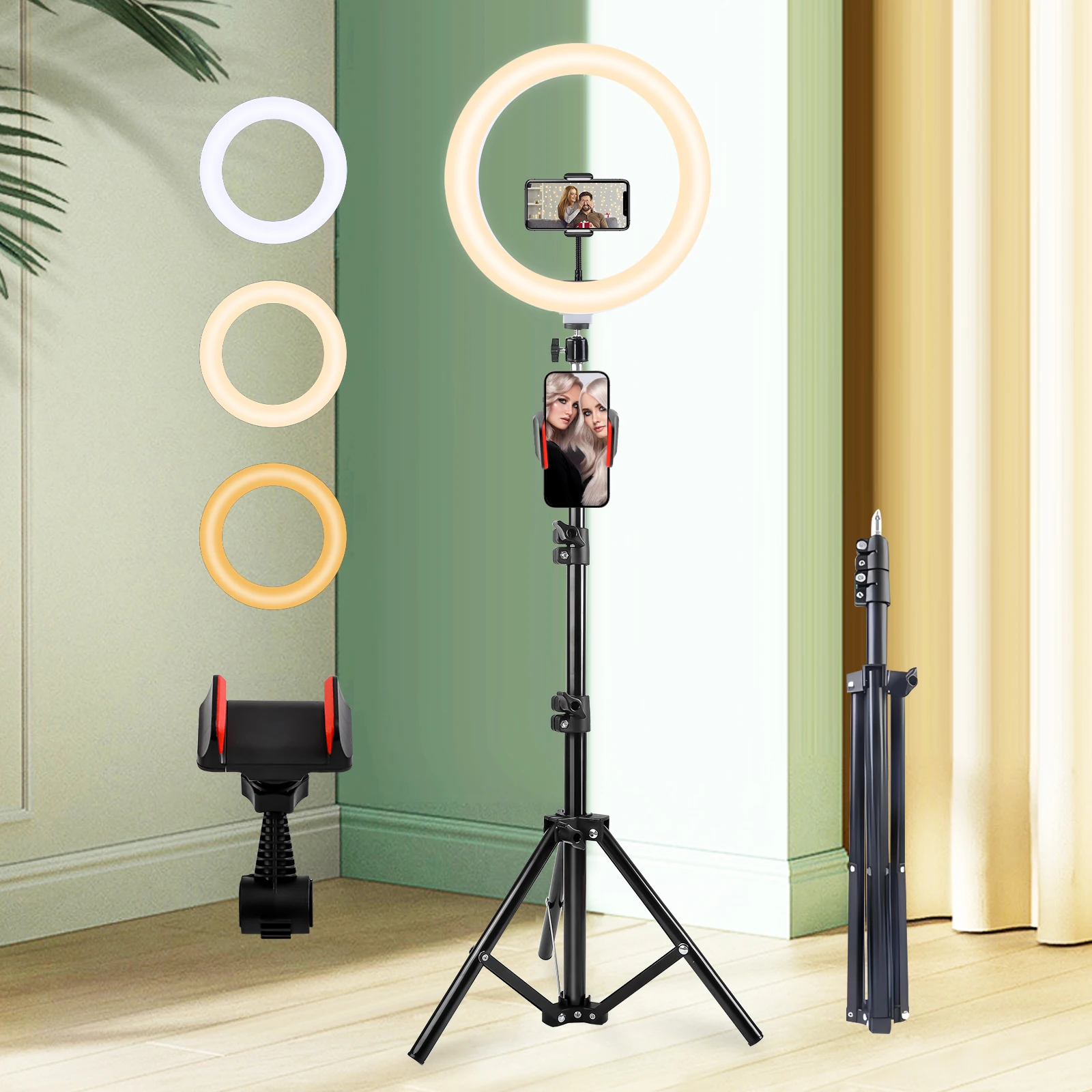 110cm tripod round tri-color light + cell phone clip, 10-inch ring light Adjustable light color for selfies and live streaming
110cm tripod round tri-color light + cell phone clip, 10-inch ring light Adjustable light color for selfies and live streaming