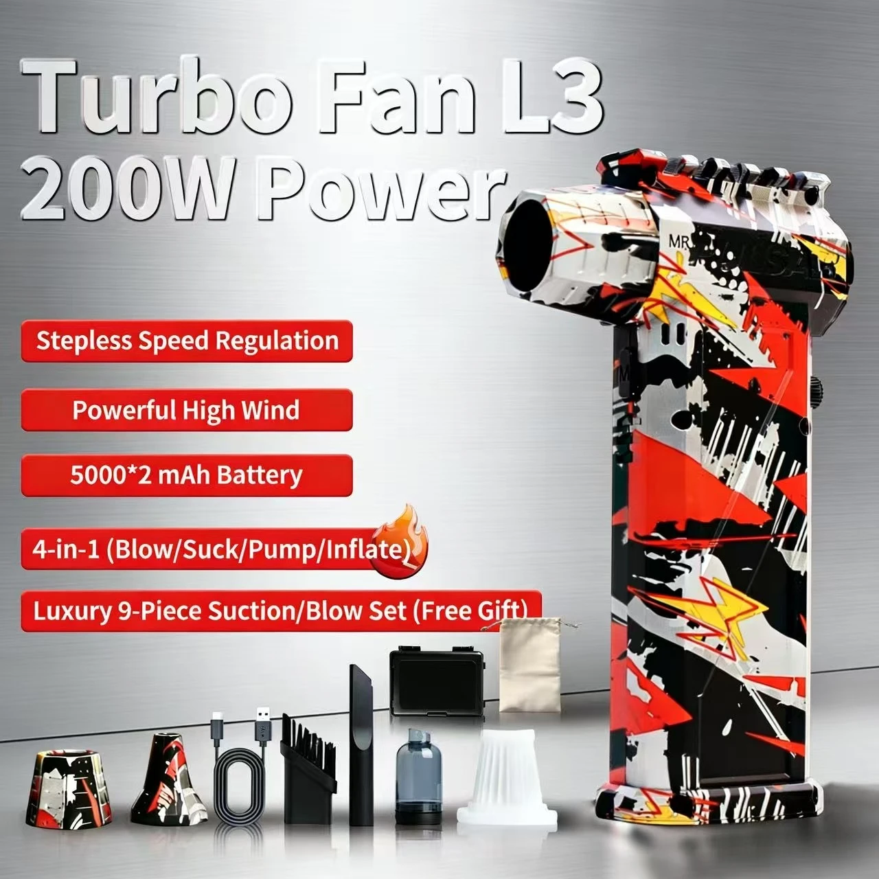 L3 Turbo Jet Air Blower Vacuum, 250000RPM High Speed, 53m/s Strong Wind, Type-C Rechargeable
L3 Turbo Jet Air Blower Vacuum, 250000RPM High Speed, 53m/s Strong Wind, Type-C Rechargeable
