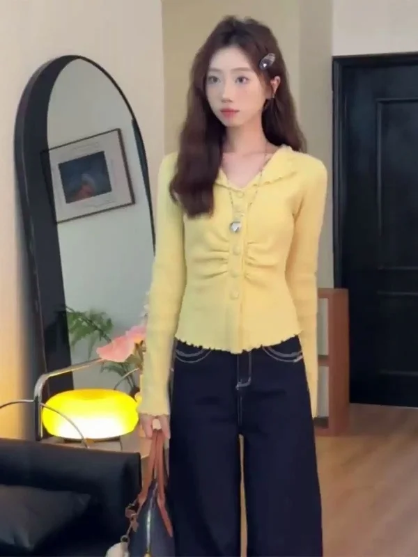 Sweet Yellow Knitted Open Cardigan Women's Autumn Winter Waist Cinched Unique Beautiful Inner Design Sense Top Wood ain
Sweet Yellow Knitted Open Cardigan Women's Autumn Winter Waist Cinched Unique Beautiful Inner Design Sense Top Wood ain