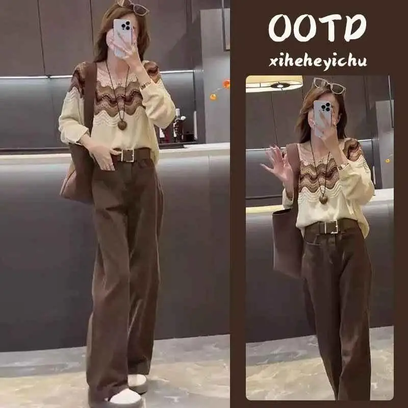 Women Hollow out knitted pullover Autumn Brown Jeans Women's Korean-style Vintage High-waisted Straight-leg Slimming Trendy Suit
Women Hollow out knitted pullover Autumn Brown Jeans Women's Korean-style Vintage High-waisted Straight-leg Slimming Trendy Suit