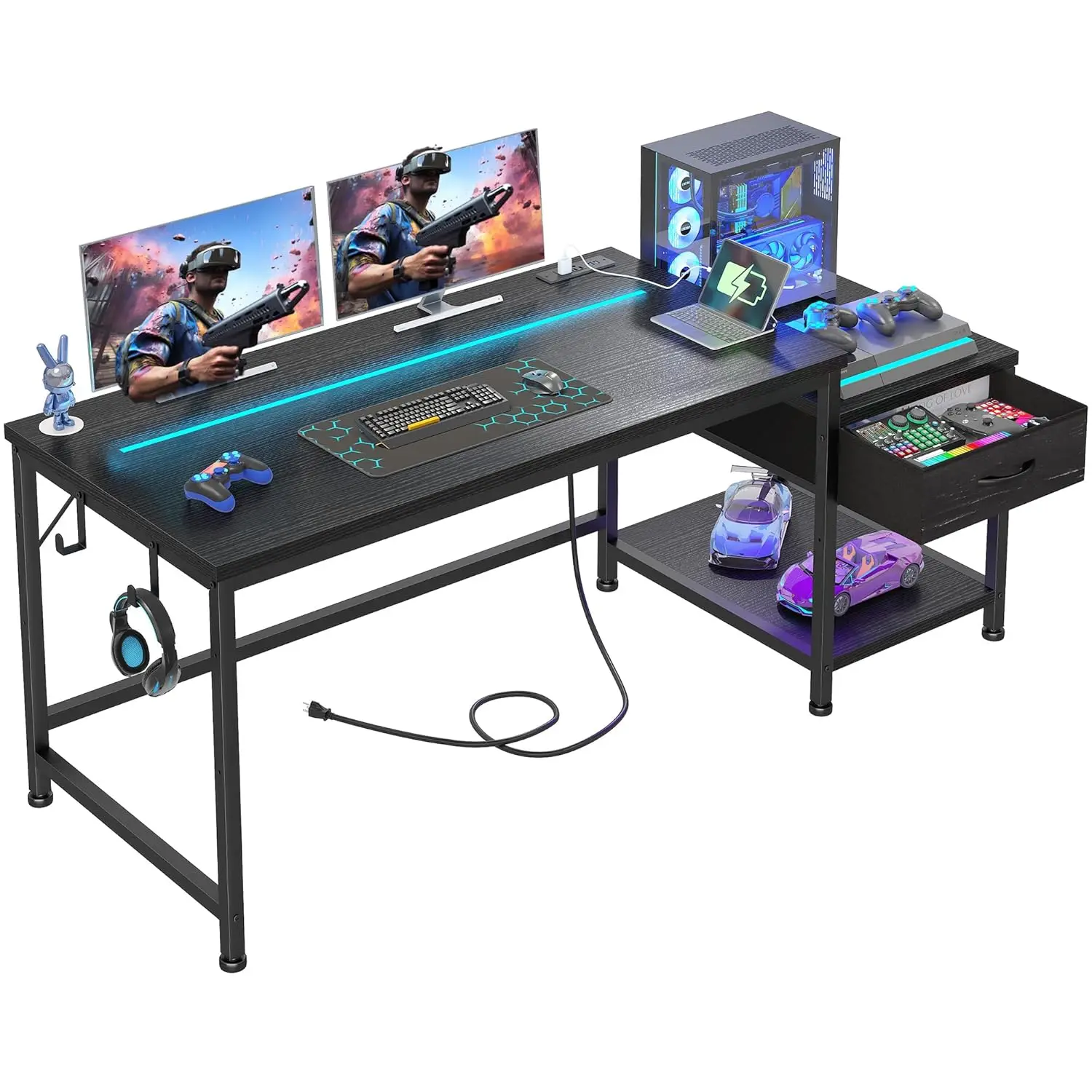 56 Inch Gaming Desk with Drawers and Shelf,Reversible Computer Desk with LED Lights and Power Outlets,Study Table, Customized
56 Inch Gaming Desk with Drawers and Shelf,Reversible Computer Desk with LED Lights and Power Outlets,Study Table, Customized
