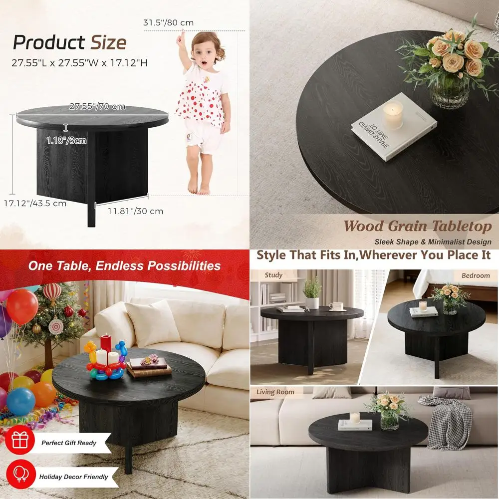 Round 27.5 Black Coffee Table with Wood Grain Center and Pedestal Base for Living Rooms and Small Spaces, Easy Assembly
Round 27.5 Black Coffee Table with Wood Grain Center and Pedestal Base for Living Rooms and Small Spaces, Easy Assembly