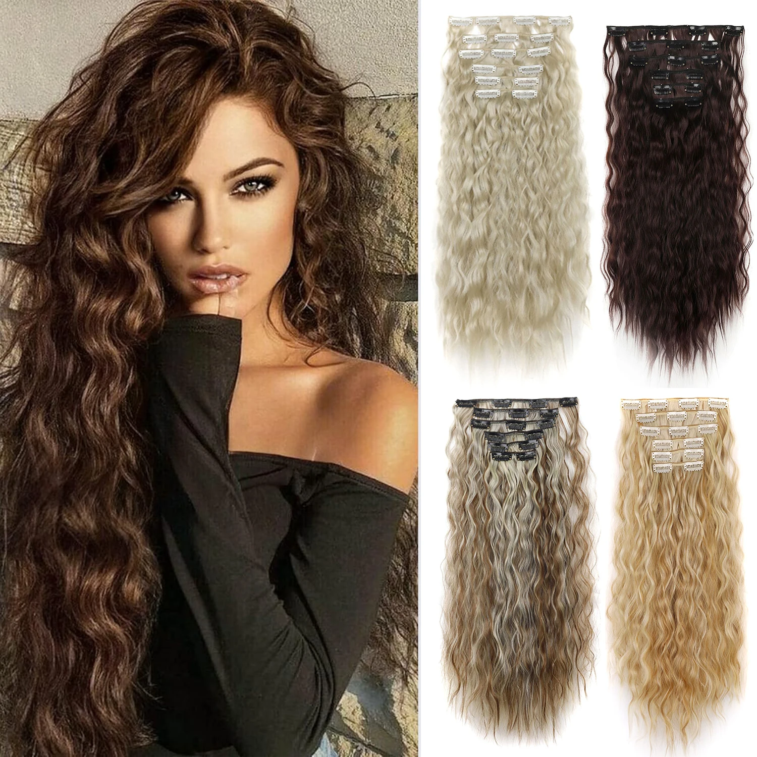 6Pcs Clip In Hair Extensions, Corn Perm Wavy Synthetic Hairpieces, Long Curly Clip On Hair for Women Daily Styling
6Pcs Clip In Hair Extensions, Corn Perm Wavy Synthetic Hairpieces, Long Curly Clip On Hair for Women Daily Styling