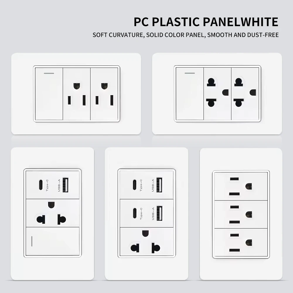 US Wall Socket Thai USB Socket Plug with Dual USB Type-C Ports,Light Switch 110V 118*75mm PC plastic panel socket
US Wall Socket Thai USB Socket Plug with Dual USB Type-C Ports,Light Switch 110V 118*75mm PC plastic panel socket
