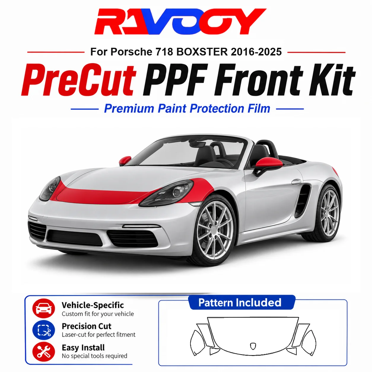 8.5mil TPU Precut PPF Kit For Porsche 718 BOXSTER 2016-2025 - Hood, Fenders & Mirror Set - Self-Healing Clear Bra Film
8.5mil TPU Precut PPF Kit For Porsche 718 BOXSTER 2016-2025 - Hood, Fenders & Mirror Set - Self-Healing Clear Bra Film