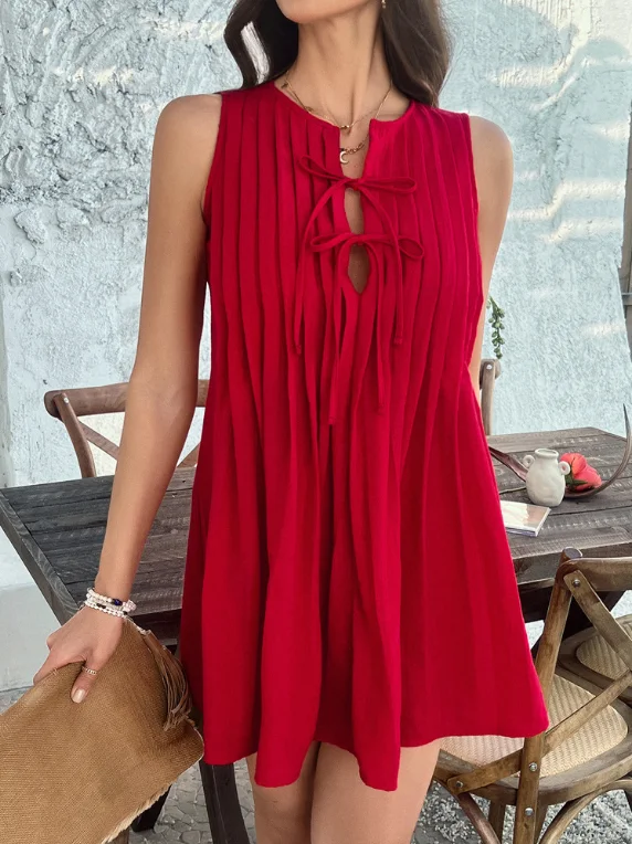 Summer Leisure Vacation Style Solid Color Lace Up Collar Pleated Skirt Sleeveless Straight Tube Short Solid Color Pleated Dress
Summer Leisure Vacation Style Solid Color Lace Up Collar Pleated Skirt Sleeveless Straight Tube Short Solid Color Pleated Dress