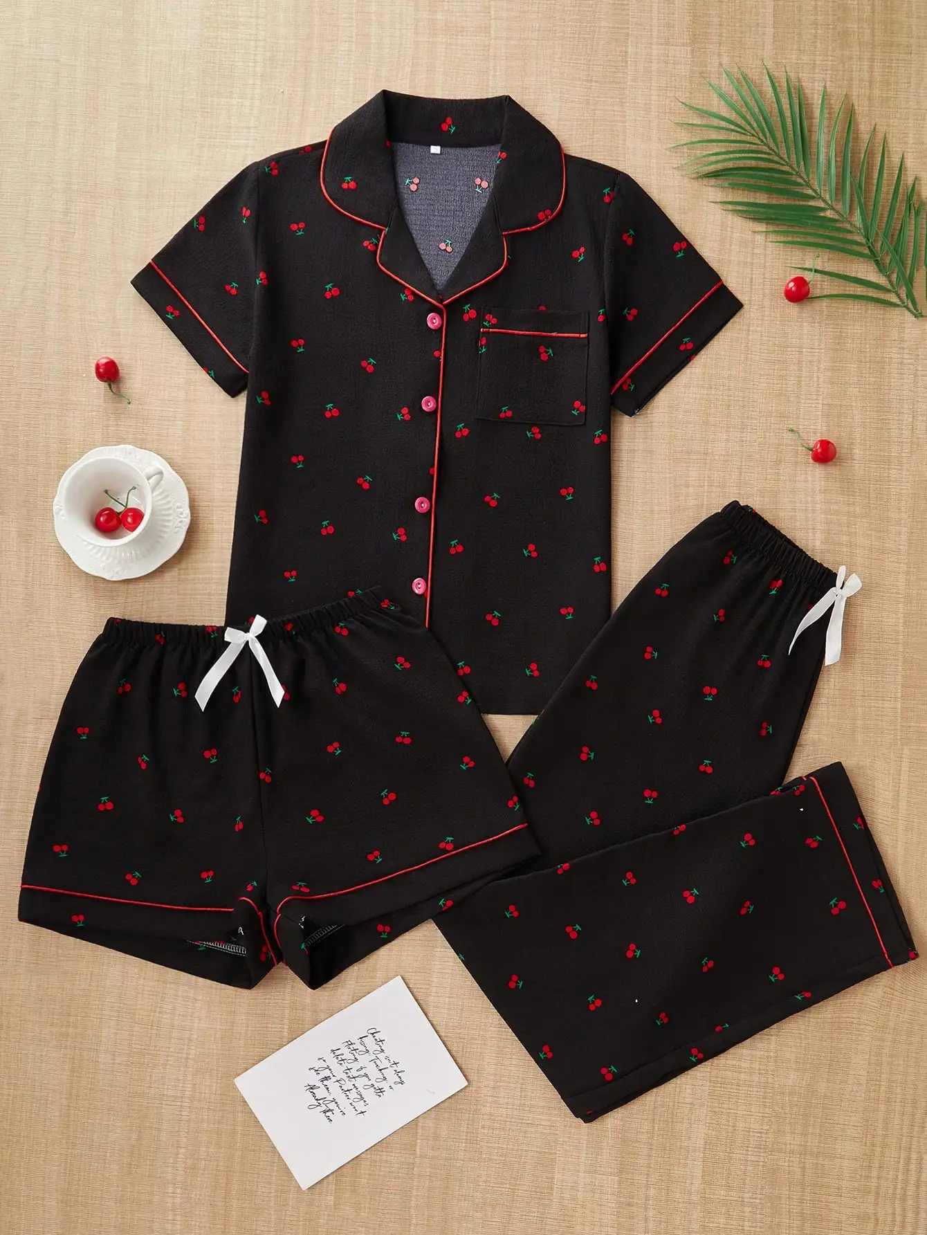 Women's Cherry Print Pajama Set with Collar, Short Sleeve Top, Shorts & Pants
Women's Cherry Print Pajama Set with Collar, Short Sleeve Top, Shorts & Pants