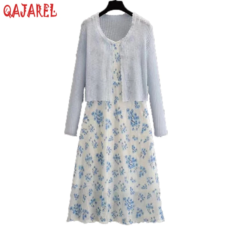 Women Long Sleeve Knitted Cotton Cardigan+Blue Floral Chiffon Sling Dress Suit 2023 Spring Summer Elegant Bodycon Two Piece Sets
Women Long Sleeve Knitted Cotton Cardigan+Blue Floral Chiffon Sling Dress Suit 2023 Spring Summer Elegant Bodycon Two Piece Sets