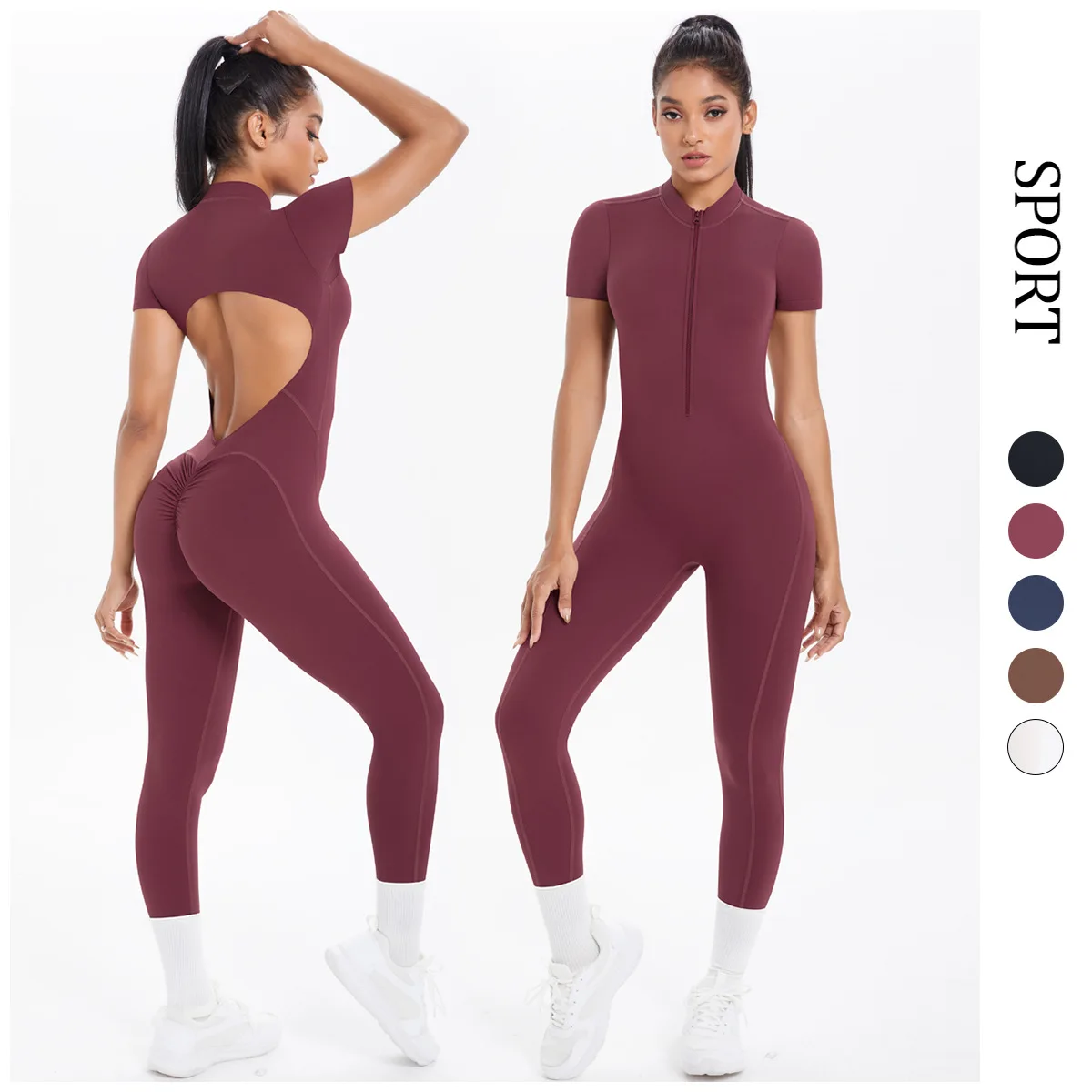 Womens Short Sleeved Fitness Jumpsuit for Woman Bodysuits Backless Solid Color Scrunch One-Piece Suit Half Zipper Gym Yoga Sets
Womens Short Sleeved Fitness Jumpsuit for Woman Bodysuits Backless Solid Color Scrunch One-Piece Suit Half Zipper Gym Yoga Sets
